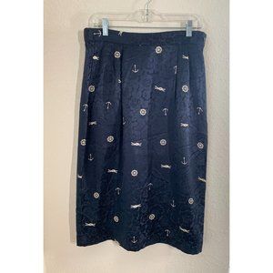 Vintage Pogia Womens Skirt 10 Navy 100% Silk Anchor Nautical & Floral Lined Zip